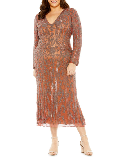 Mac Duggal Women's Beaded Satin Midi Dress In Rosewood