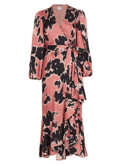 Tanya Taylor Blaire Long-sleeve Hammered Satin Midi Wrap Dress In Garnet Rose Multi