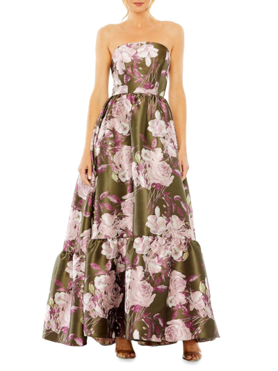 Mac Duggal Women's Floral Brocade Strapless Gown In Olive Multi