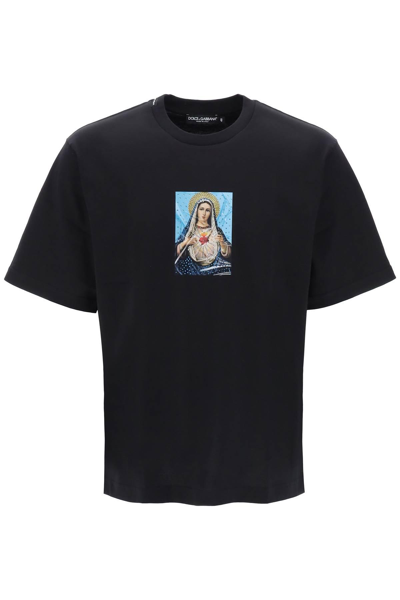 Dolce & Gabbana Printed Cotton T-shirt With Fusible Rhinestone Embellishment In Black