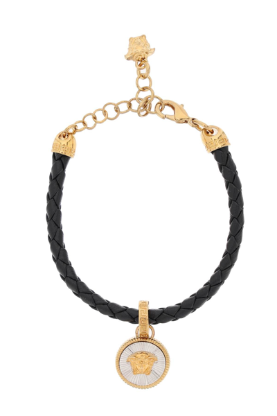 Versace Medusa Charm Leather Bracelet In Black