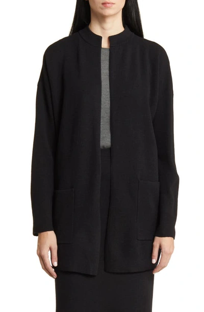 Eileen Fisher Petite Lightweight High Collar Wool Cardigan In Black