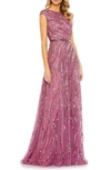 Mac Duggal Sequined Cap Sleeve Boat Neck Gown In Plum