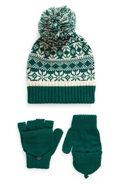 Nordstrom Kids' Fair Isle Pom Beanie & Mittens Set In Green Evergreen Fairisle Set