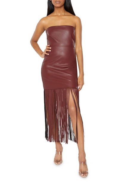 Likely Mirren Strapless Faux Leather Fringe Hem Dress In Fig