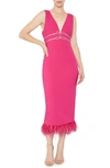 Likely Corianne Feather Trim Empire Waist Midi Dress In Fuschia