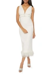 Likely Corianne Feather Trim Empire Waist Midi Dress In White