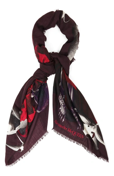 Alexander Mcqueen Orchid Skeleton Dress-print Scarf In 5074 Nightshade/ Red