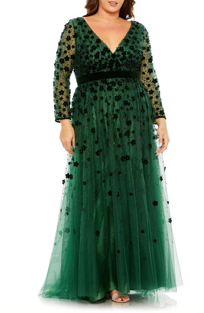Fabulouss By Mac Duggal Floral Appliqué Bracelet Sleeve Gown In Emerald