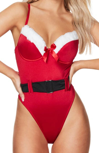 Oh La La Cheri Holiday Vixen Underwire Satin & Faux Fur Bodysuit In Red/ Bright White