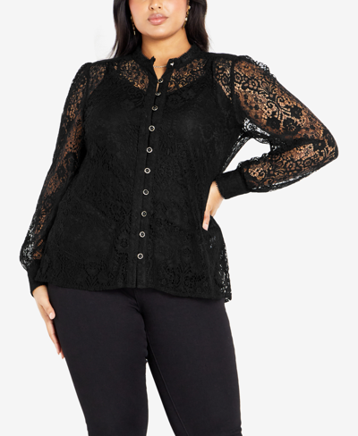 Avenue Plus Size Jade Lace Long Sleeve Shirt Top In Black