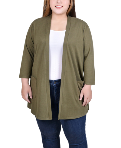 Ny Collection Plus Size 3/4 Sleeve Two Pocket Cardigan Sweater In Burnt Olive
