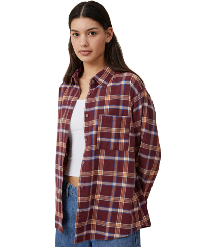 Cotton On Plaid Brushed Cotton Flannel Button-up Shirt In Celest Check Deep Garnet