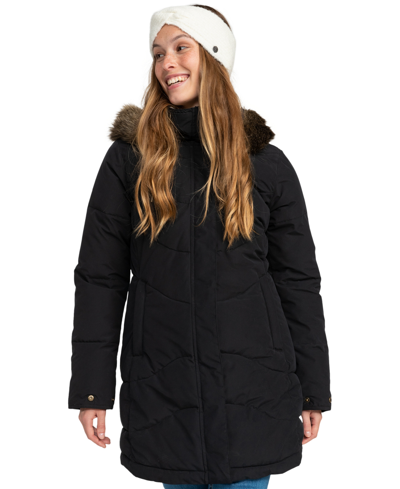 Roxy Juniors' Ellie Quilted Faux-fur-trim Hooded Jacket In True Black