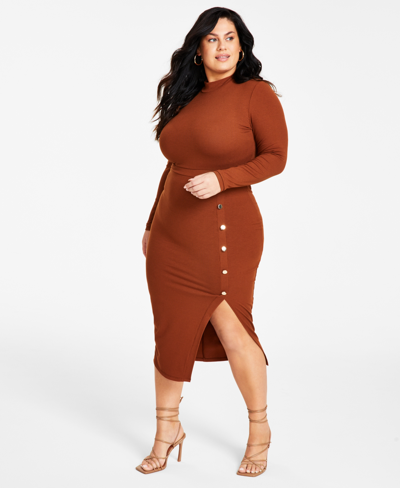 Nina Parker Trendy Plus Size Ruched Slinky Dress In Chocolate Fondant