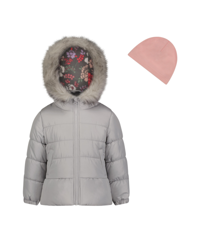 Weathertamer Kids' Toddler Girls Solid With Faux Fur Trim Jacket And Fleece Beanie Set In Gray