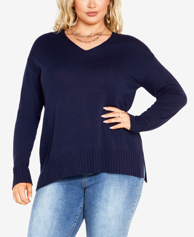 Avenue Plus Size Clare V-neck Long Sleeve Sweater In Indigo