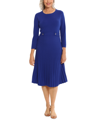 London Times Long Sleeve Pleated Flare Skirt Dress In Blue