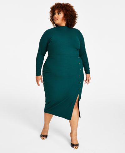 Nina Parker Trendy Plus Size Ribbed Mock-neck Bodycon Dress In Ponderosa Pine