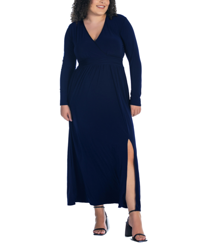 24seven Comfort Apparel Plus Size Long Sleeve V-neck Maxi Dress In Navy