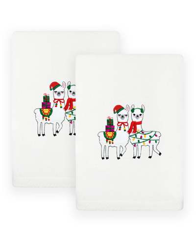 Linum Home Christmas Llamas Embroidered Luxury 100% Turkish Cotton Hand Towels, 2 Piece Set In White