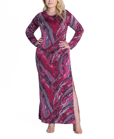 24seven Comfort Apparel Plus Size Side Slit Maxi Dress In Pink Multi