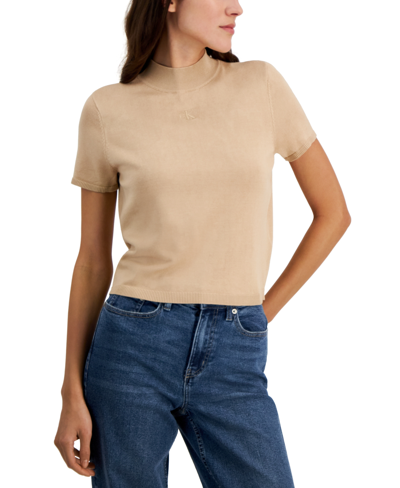 Calvin Klein Jeans Est.1978 Women's Monogram Logo Embroidery Cropped Short Sleeve Mock Neck Top In Wheat