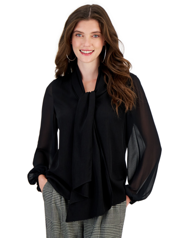 Bar Iii Women's Tie-neck Sheer-long-sleeve Blouse, Created For Macy's In Black