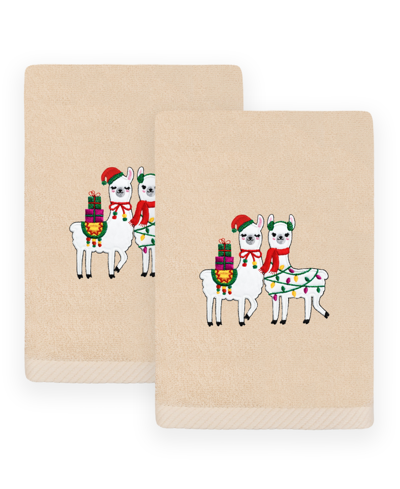 Linum Home Christmas Llamas Embroidered Luxury 100% Turkish Cotton Hand Towels, 2 Piece Set In Sand