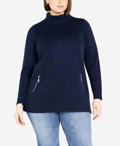 Avenue Plus Size Emeline Texture Long Sleeve Tunic Knit Top In Navy