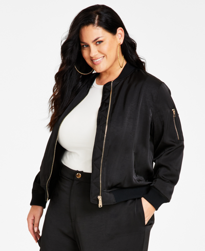 Nina Parker Trendy Plus Size Zippered-pocket Bomber Jacket In Black Beauty