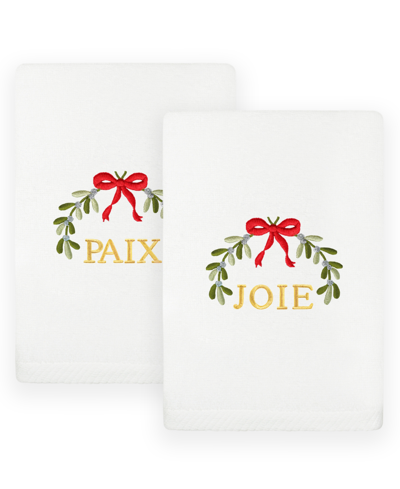 Linum Home Christmas Mistletoe Paix Joie Embroidered Luxury 100% Turkish Cotton Hand Towels, 2 Piece Set In White
