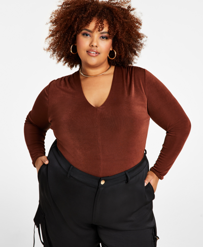 Nina Parker Trendy Plus Size V-neck Long-sleeve Top In Chocolate Fondant