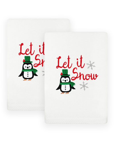 Linum Home Christmas Let It Snow Embroidered Luxury 100% Turkish Cotton Hand Towels, 2 Piece Set In White