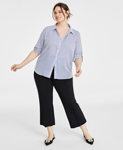 On 34th Trendy Plus Size Button-front Crepe Shirt, Created For Macy's In Bijou Blue Combo