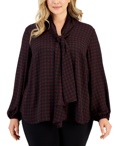 Bar Iii Plus Size Houndstooth Tie-neck Long-sleeve Blouse, Created For Macy's In Black,carrubo