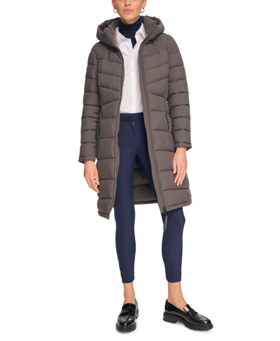 Calvin Klein Women's Hooded Stretch Puffer Coat, Created For Macy's In Titanium