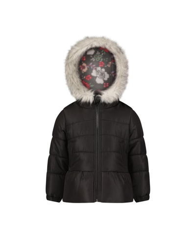Weathertamer Kids' Little Girls Solid With Faux Fur Trim Jacket And Fleece Beanie Set In Black
