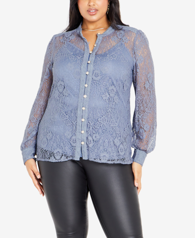 Avenue Plus Size Jade Lace Long Sleeve Shirt Top In Country Blue
