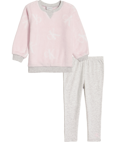 Calvin Klein Babies' Infant Girl Silky Sherpa Logo Crew-neck Heather Leggings Set, 2 Piece In Pink
