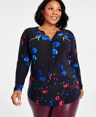 Inc International Concepts Plus Size Floral-print Long-sleeve Top, Created For Macy's In Twilight Bouquet