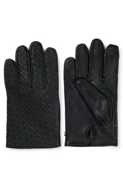 Hugo Boss Monogrammed Gloves In Leather With Touchscreen-friendly Fingertips In Black