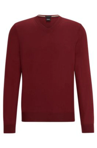 Hugo Boss V-neck Sweater In Wool In Dark Red