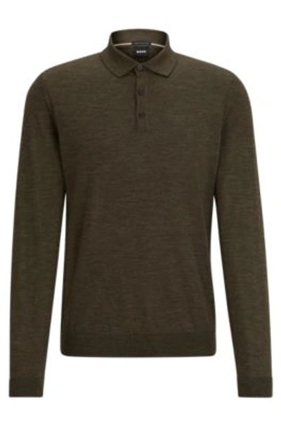 Hugo Boss Slim-fit Sweater In Wool With Polo Collar In Green