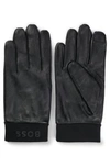 Hugo Boss Leather Gloves With Branding And Touchscreen-friendly Fingertips In Black