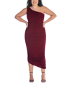 24seven Comfort Apparel Plus Size One Shoulder Ruched Bodycon Dress In Wine