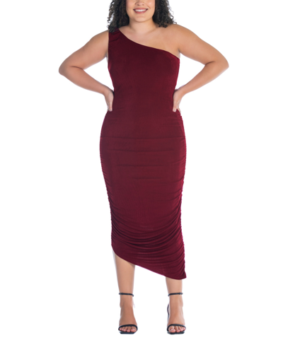 24seven Comfort Apparel Plus Size One Shoulder Ruched Bodycon Dress In Red