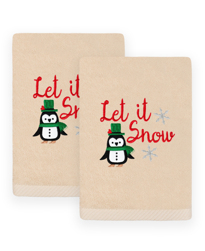 Linum Home Christmas Let It Snow Embroidered Luxury 100% Turkish Cotton Hand Towels, 2 Piece Set In Sand