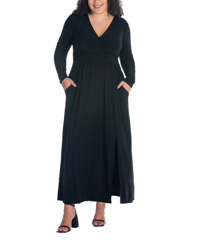 24seven Comfort Apparel Plus Size Long Sleeve V-neck Maxi Dress In Black