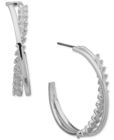 Anne Klein Silver-tone Small Cubic Zirconia Crossover C-hoop Earrings, 0.78" In Crystal